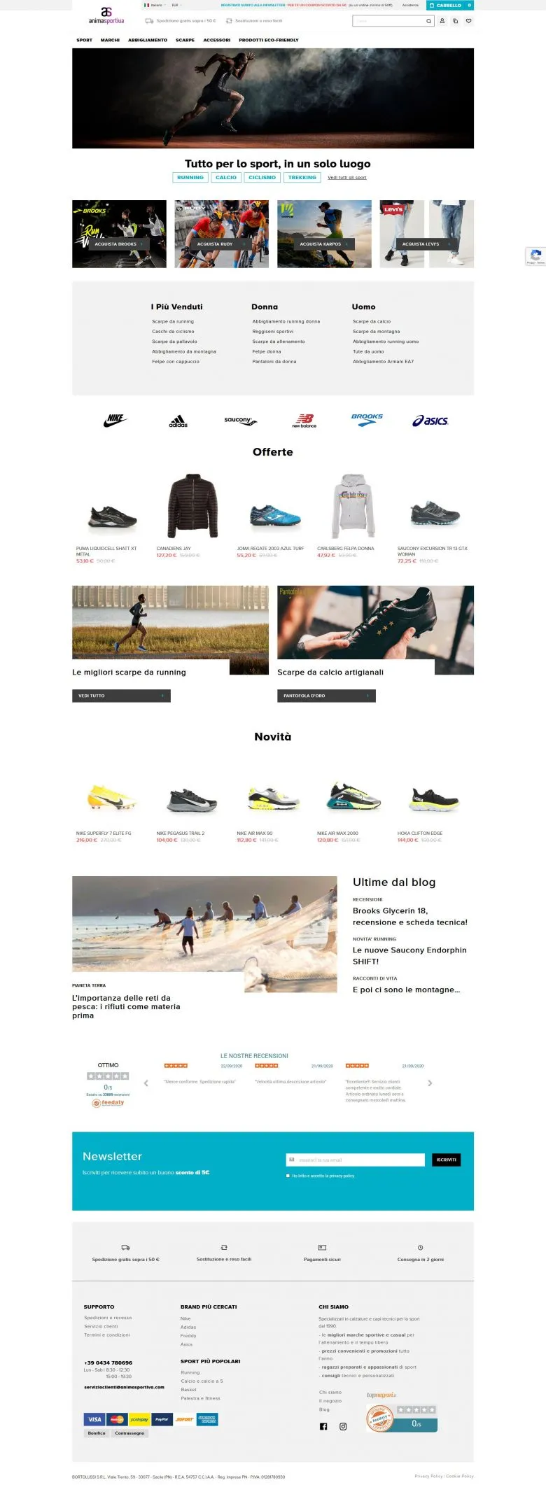 Homepage e-commerce B2C con Magento 2 Anima sportiva