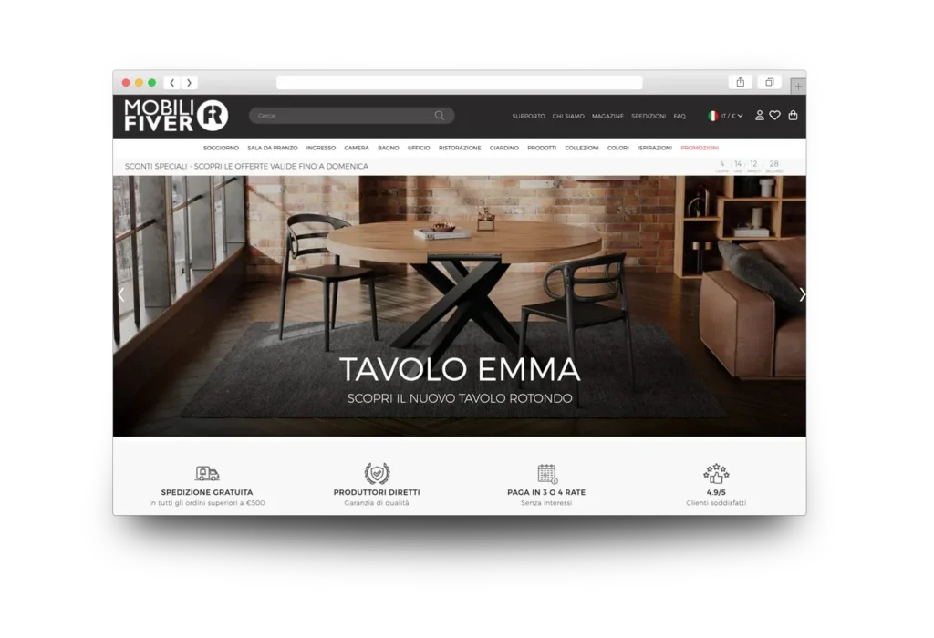 Homepage E-commerce Mobili Fiver settore arredamento